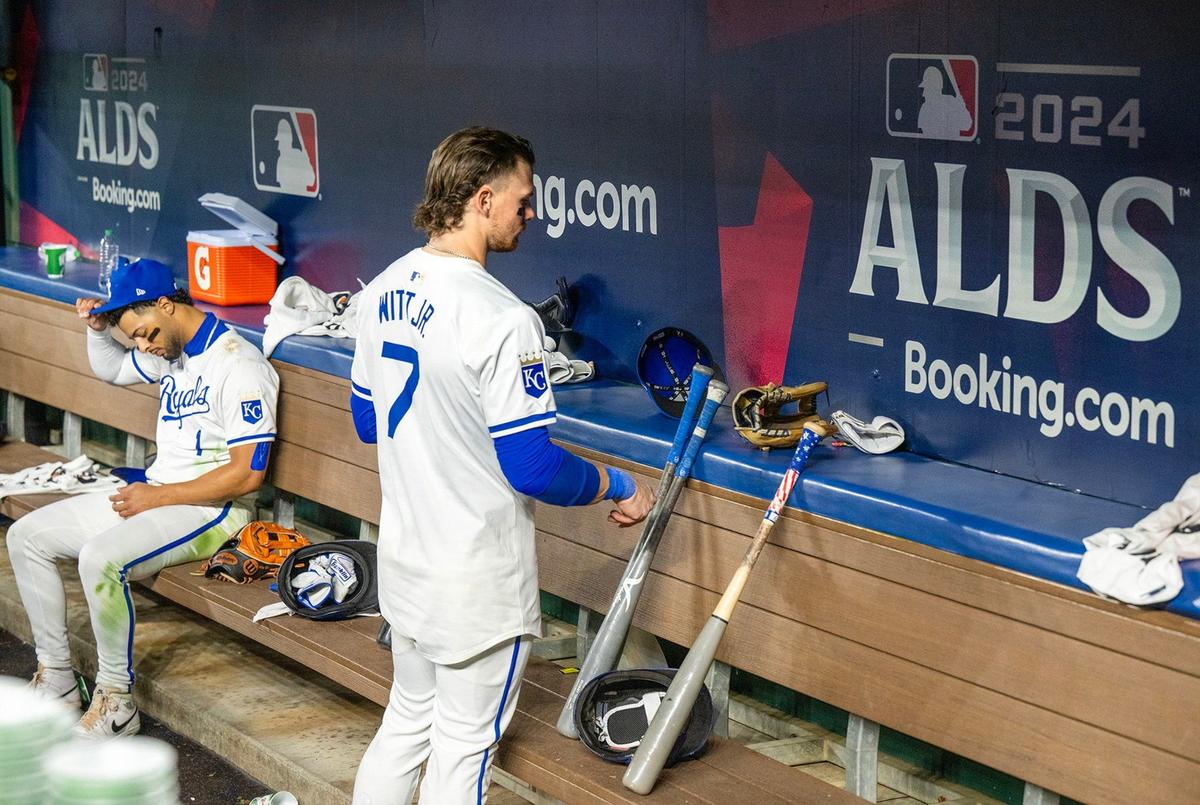 Kansas City Royals outfielder MJ Melendez (1) and shortstop Bobby Witt Jr. (7) in the dugout after the Yankees defeated the Royals, 3-1 during Game 4 of the American League Division Series on Thursday, Oct. 10, 2024, at Kauffman Stadium.