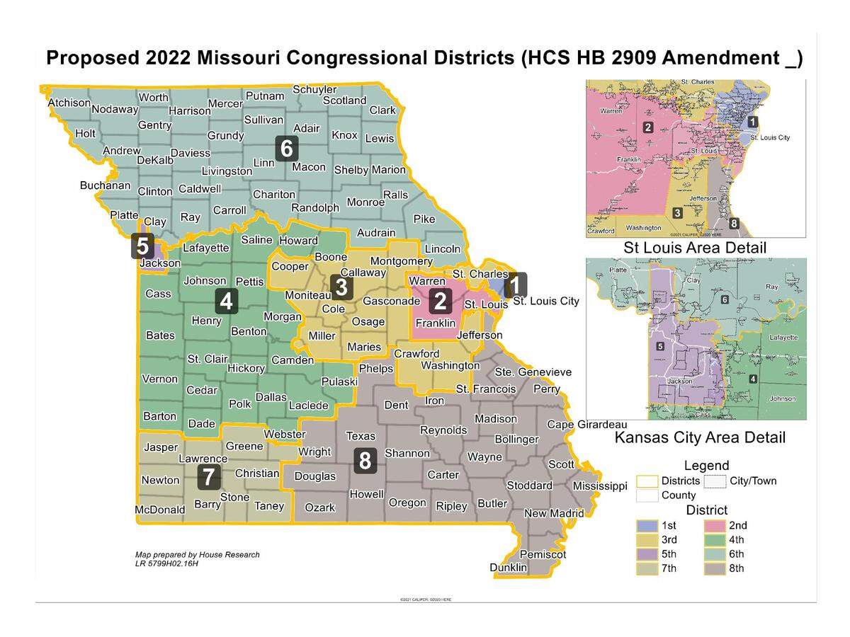 Missouri’s current congressional map, which lawmakers approved in 2022. This map keeps the Kansas City area largely within the 5th Congressional District. 