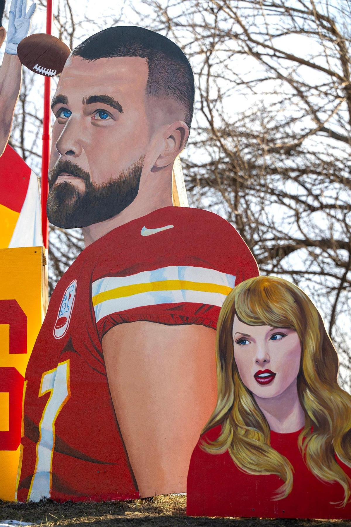 A portion of Jeff Parson’s eye-catching Chiefs display in Riverside features a huge cutout of Chiefs tight end Travis Kelce and girlfriend Taylor Swift.