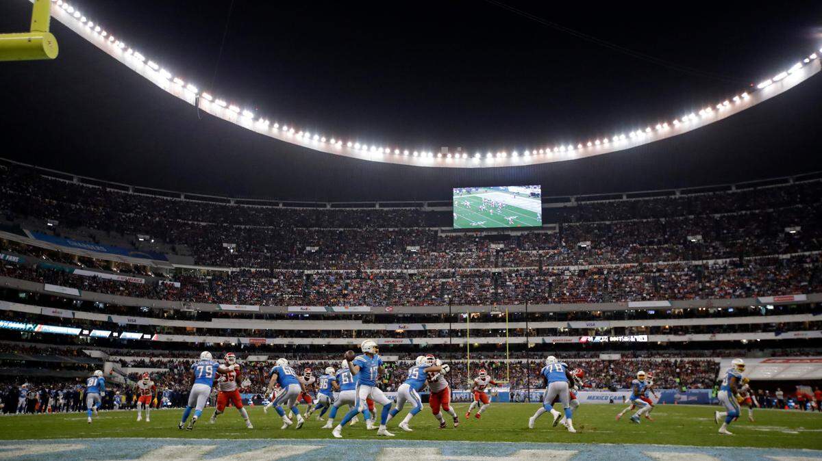 Los Angeles Chargers quarterback Philip Rivers looks to throw a pass during the second half of an NFL football game against the Kansas City Chiefs, Monday, Nov. 18, 2019, in Mexico City. (AP Photo/Marcio Jose Sanchez)