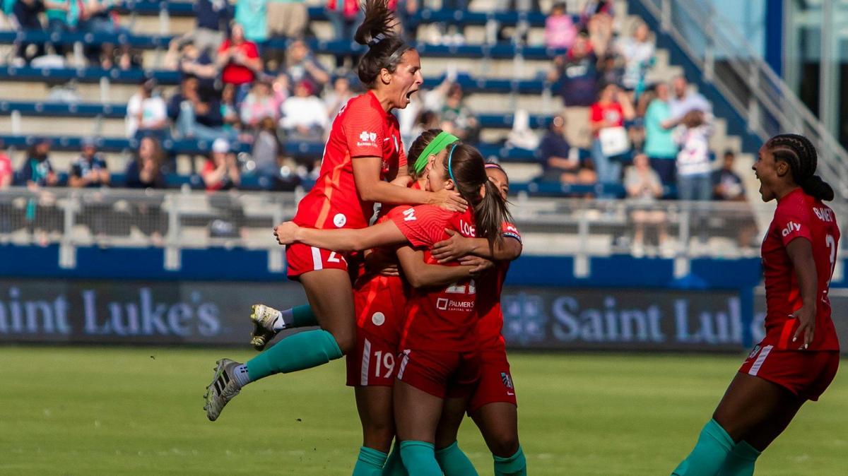 KC Current defender Alex Loera (22) celebrates the opening goal with teammates during the Challenge Cup match between the KC Current and the Chicago Red Stars on April 24, 2022 at Children’s Mercy Park in Kansas City, Kansas.