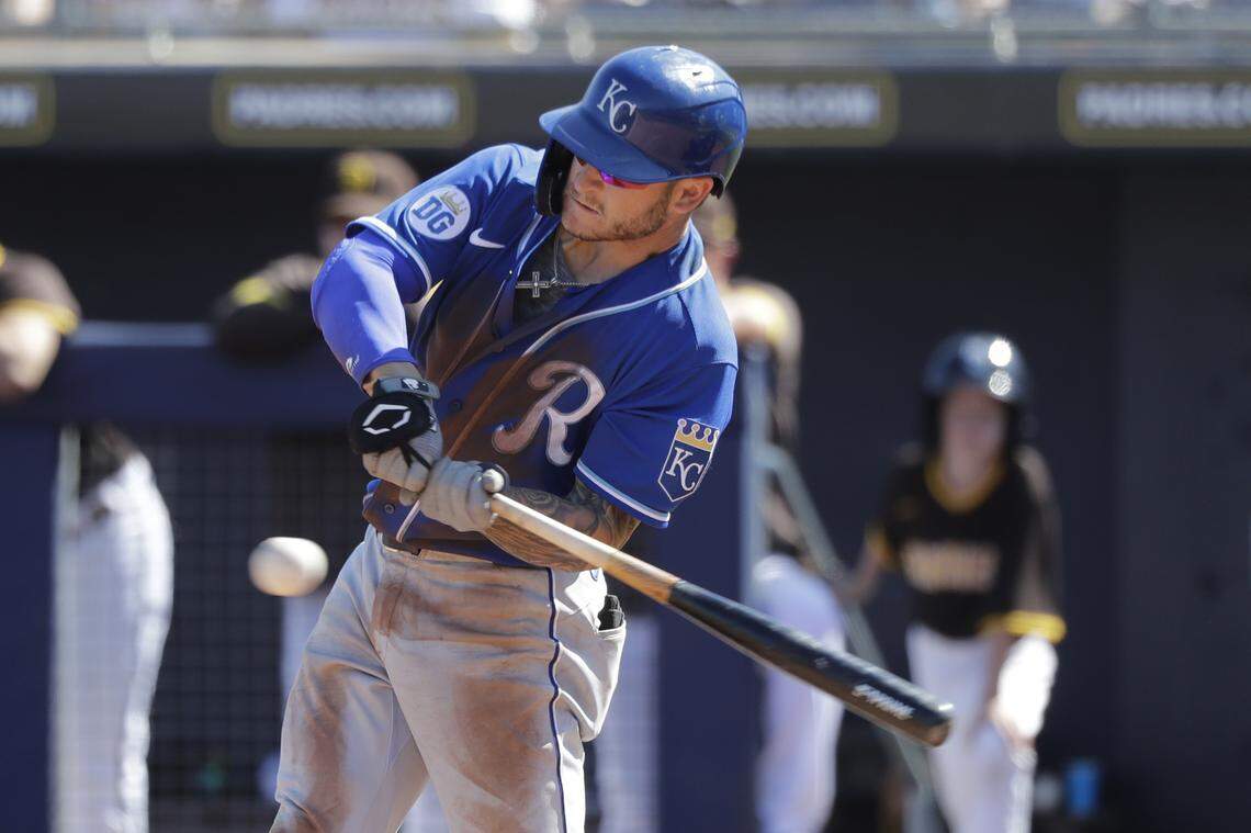 Kansas City Royals’ Kyle Isbel bats during a spring training baseball game Wednesday, March 4, 2020, in Peoria, Ariz. (AP Photo/Elaine Thompson)