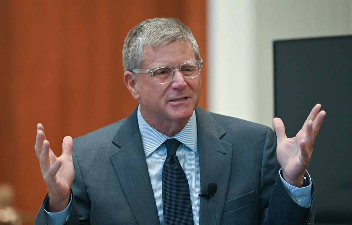 Edward “Chip” Robertson gives his closing arguments on behalf of Kevin Strickland’s innocence after a third day of evidentiary hearings on Wed., Nov 10, 2021 in Jackson County Circuit Court in Kansas City. Strickland has been incarcerated for the past 43 years for a triple murder many people, including Jackson County Prosecutor Jean Peters Baker, believe he did not commit. Robertson, a former Missouri Supreme Court justice, joined Baker’s team and is trying to exonerate Strickland.