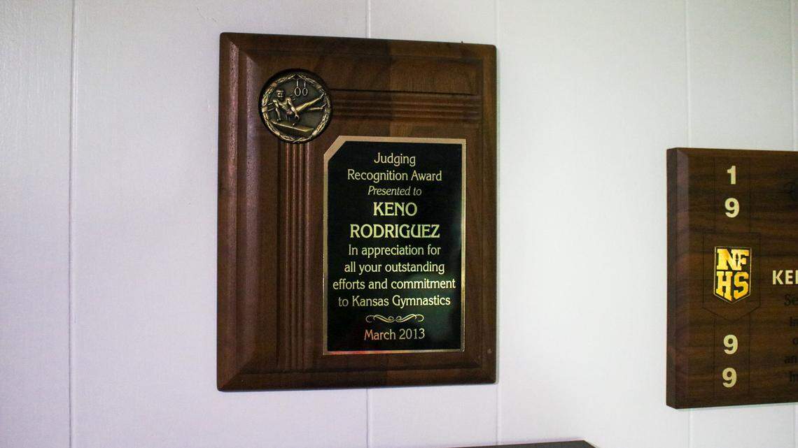 An award for judging gymnastics competitions is seen at the home of Keno Rodriguez on Sunday, April 19, 2026.
