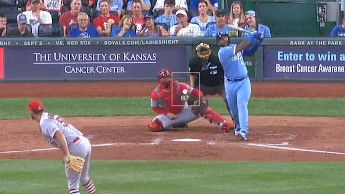 Royals outfielder Nelson Velazquez hits a home run in his first at-bat with the big-league club on Aug. 11, 2023.