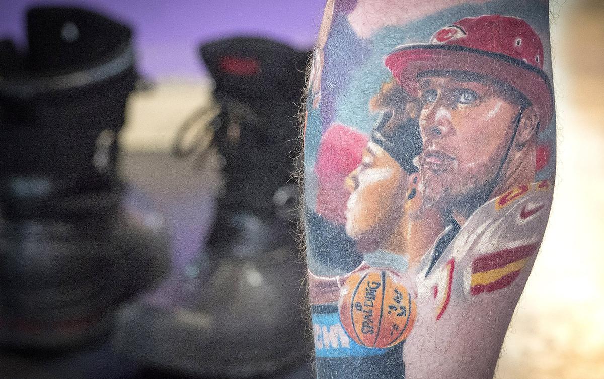 Among his many tattoos, Rob Gaskins sports Chiefs tight end Travis Kelce. Artist Jeremy Taylor said Kelce is the second most requested Chiefs portrait after Patrick Mahomes.