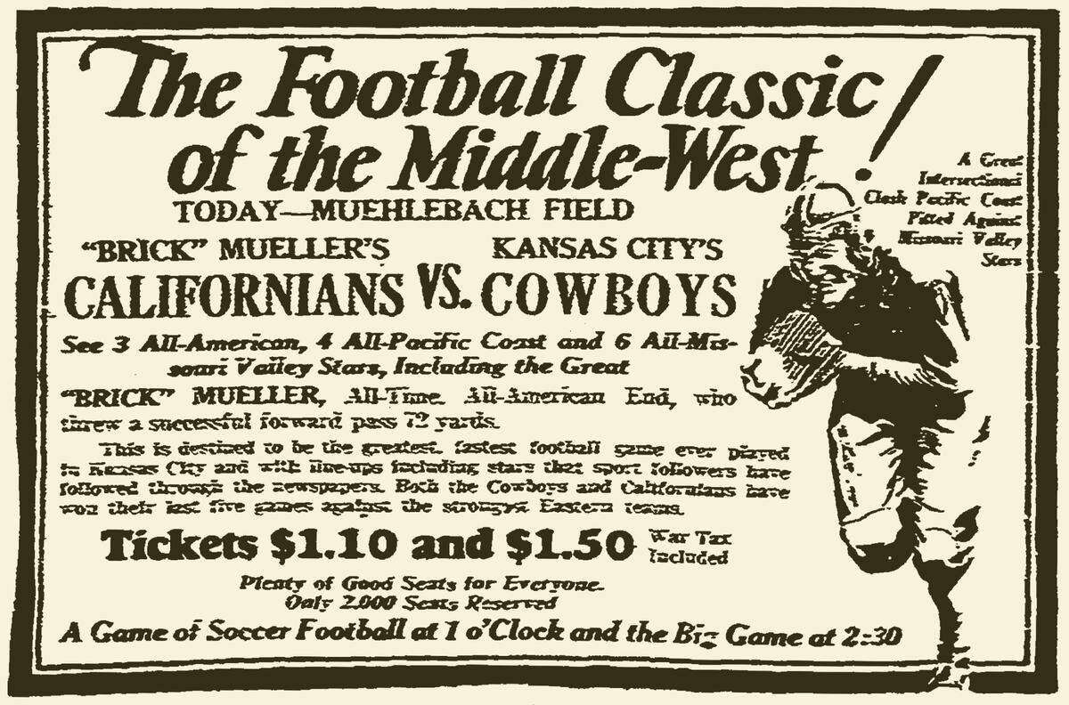 Ad for a Cowboys game at Muehlebach Field on December 5, 1926.