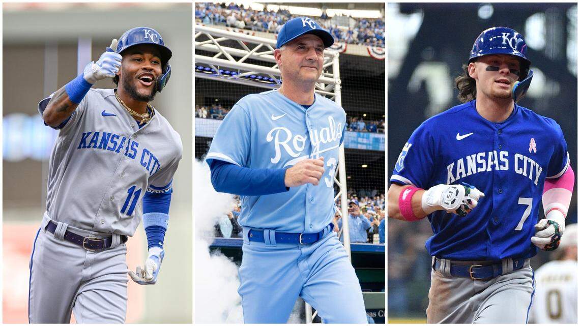 Maikel Garcia (left) and Bobby Witt Jr. (right) have been two bright spots for the Kansas City Royals in their first year under new manager Matt Quatraro (middle).