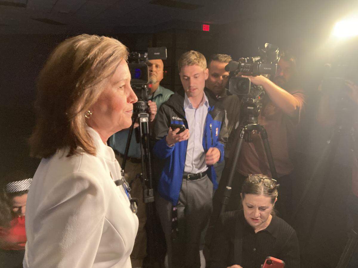 Kathy Nelson, president and CEO of Visit KC, faces reporters’ questions regarding World Cup visitor expectations following her opening speech at the group’s annual gathering, held Thursday, May 7, at Municipal Auditorium.