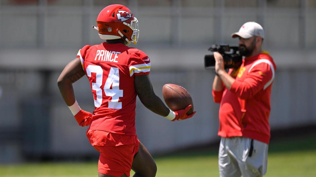 Kansas City Chiefs rookie Deneric Prince (34) runs a drill during a Chiefs rookie mini camp on Sunday, May 7, 2023, in Kansas City.