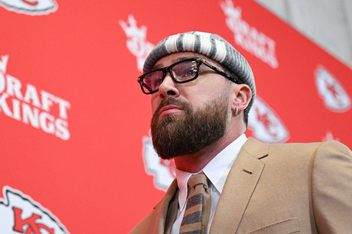 Kansas City Chiefs tight end Travis Kelce arrives before the AFC Championship Game on Sunday, Jan. 26, 2025, at GEHA Field at Arrowhead Stadium.