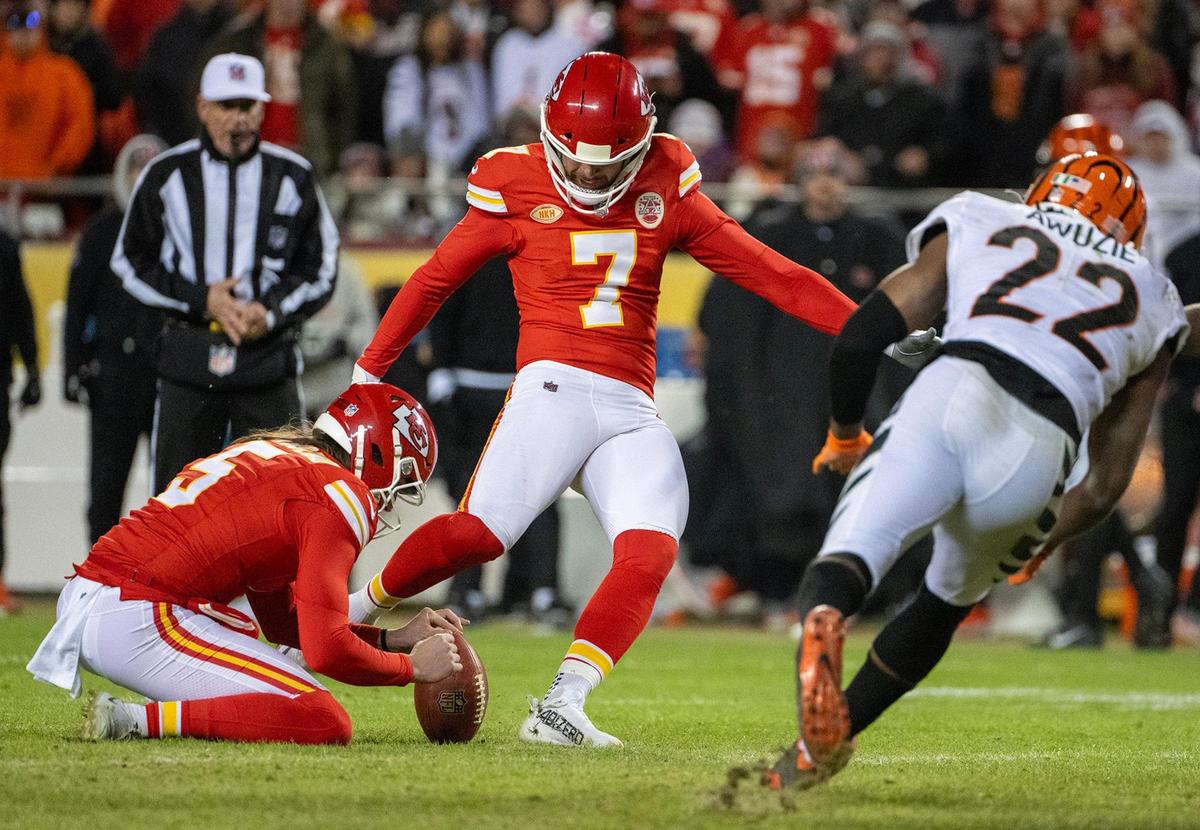 Kansas City Chiefs kicker Harrison Butker kicks a field goal against the Cincinnati Bengals in the second half on Sunday, Dec. 31, 2023, at GEHA Field at Arrowhead Stadium.