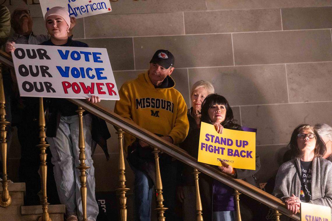 Protesters listen to speakers in the Missouri State Capitol rotunda on Wednesday, January 21, 2026 in Jefferson City. Organizations and allies gathered to protest recent Missouri lawmaker's decisions.
