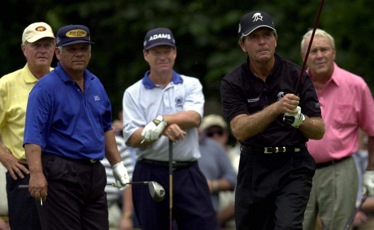 Golf greats Jack Nicklaus, from left, Lee Trevino, Tom Watson and Arnold Palmer watch Gary Player tee off at the 23rd Annual Children’s Mercy Hospital Golf Classic at Blue Hills Country Club in 2002.
