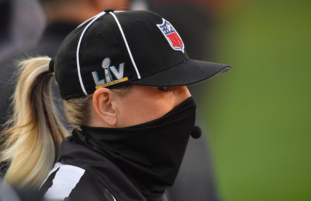 Sarah Thomas, the first woman to be part of a Super Bowl officiating crew was on the field Sunday, February 7, 2021, before Super Bowl LV at Raymond James Stadium in Tampa, Florida.