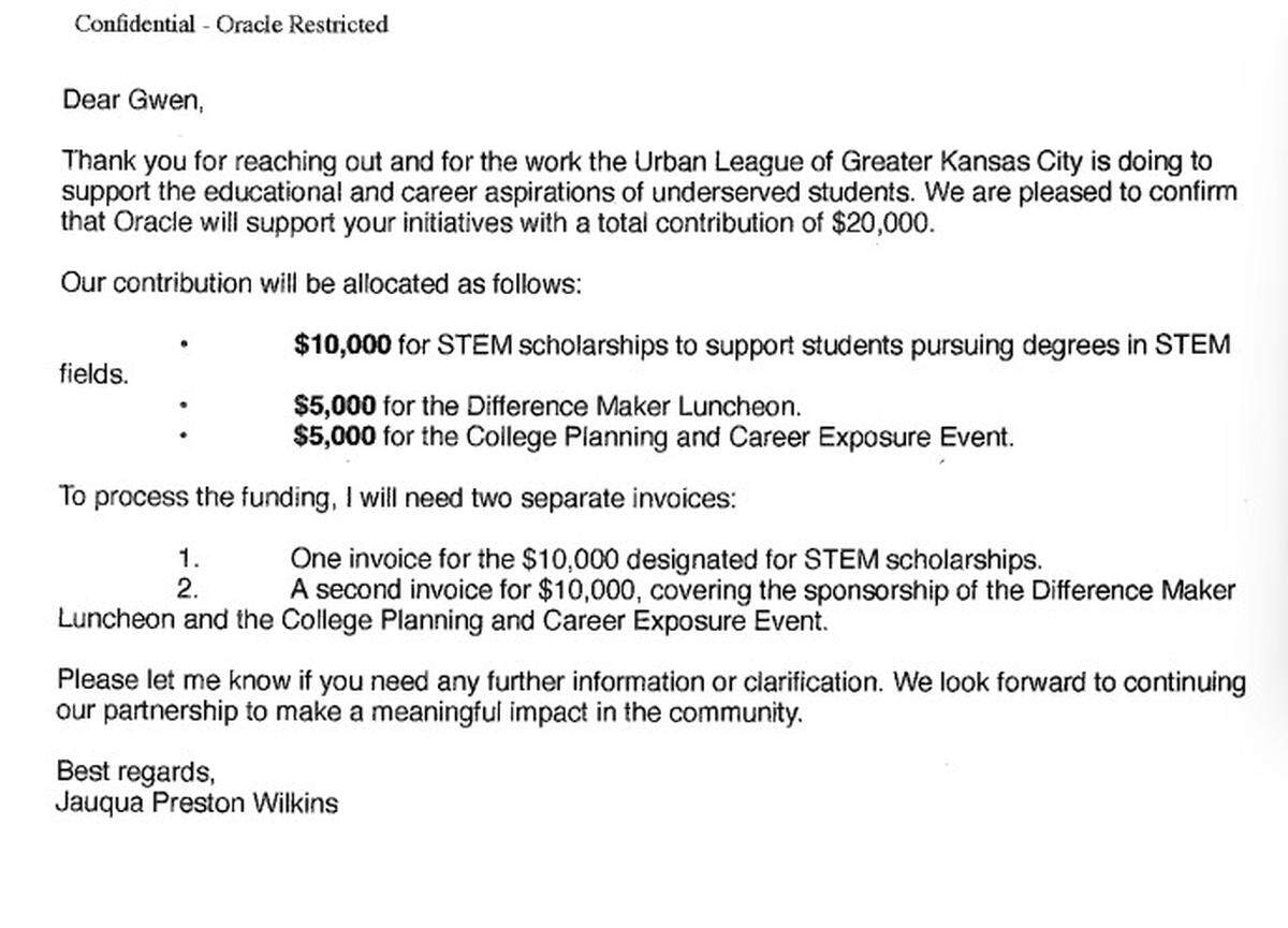 An email from Oracle confirming the company’s $20,000 commitment to the Urban League of Greater Kansas City to support scholarships, a luncheon and college planning and career event.