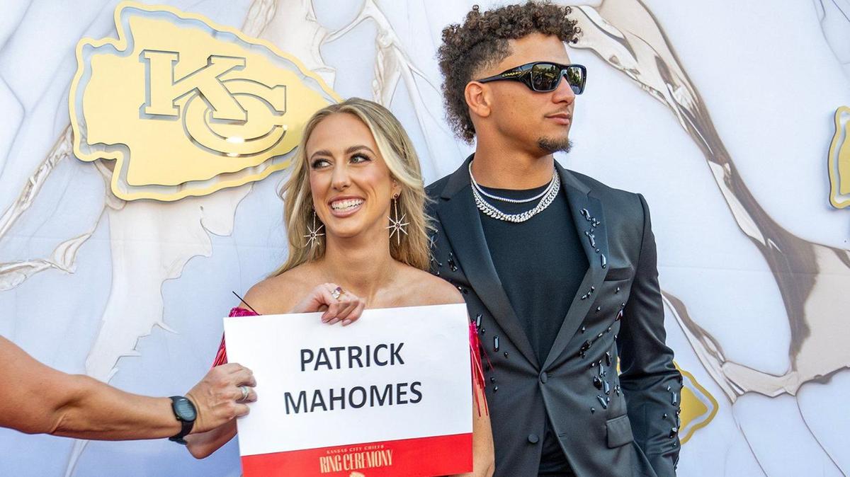 Chiefs quarterback Patrick Mahomes and his wife, Brittany Mahomes, on the red carpet before the Super Bowl LVIII championship ring ceremony on June 13. Jostens, the company that made the ring, released a collection of jewelry for fans, too.
