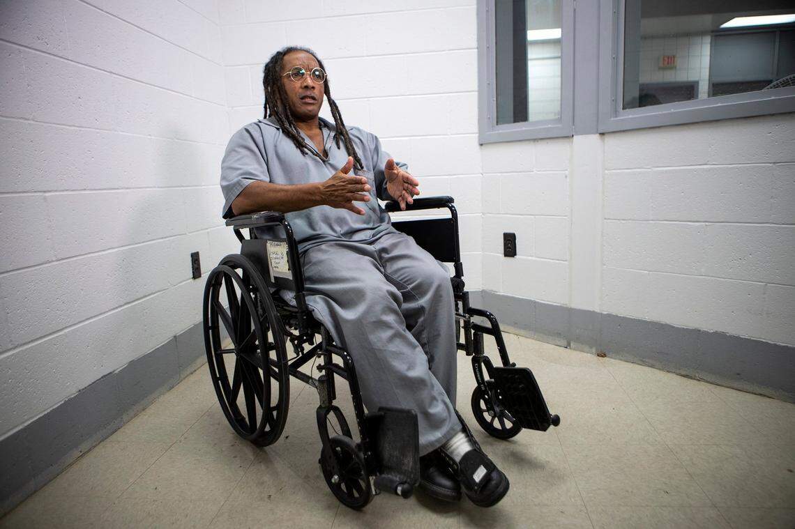 Kevin Strickland, 61, speaks during an interview Nov. 5, 2019, in a visiting room at Western Missouri Correctional Center in Cameron. He now uses a wheelchair because medical issues keep him from standing for more than a few minutes at a time.