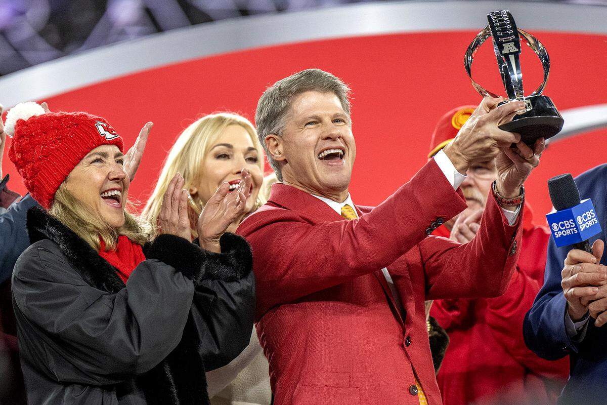 Clark Hunt, owner of the Kansas City Chiefs, raises the Lamar Hunt Trophy after the Kansas City Chiefs defeated the Baltimore Ravens 17-10 in the AFC Championship Game at M&T Bank Stadium on Sunday, Jan. 28, 2024, in Baltimore.