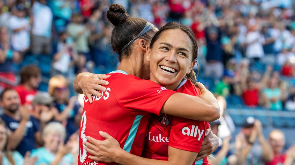 KC Current midfielder Lo’Eau Labonta, right, celebrates her goal against the Washington Spirit with teammate Kristen Edmonds on Sunday at Children’s Mercy Park in Kansas City, Kansas.