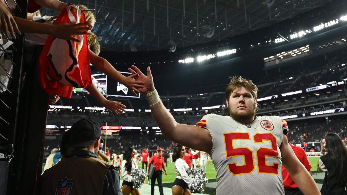 Kansas City Chiefs center Creed Humphrey (52) walks off the field after an NFL football game against the Las Vegas Raiders, Sunday, Nov. 14, 2021, in Las Vegas. (AP Photo/David Becker)