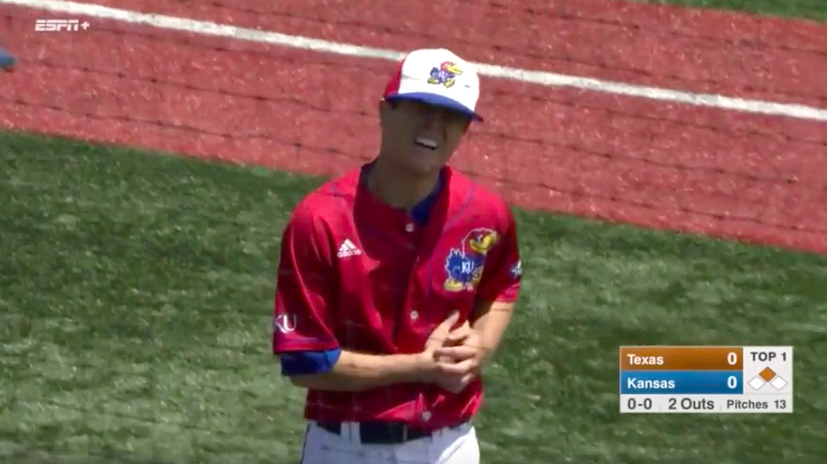 Kansas pitcher Eli Davis was hit in the ribs by a 108-mph line drive on Sunday against Texas.