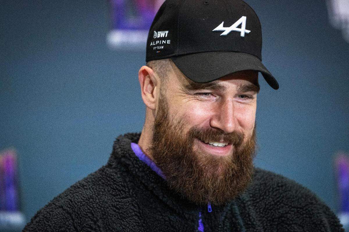 Kansas City Chiefs tight end Travis Kelce smiles as he answers questions during the media availability at the team hotel in Henderson, Nev., on Thursday, Feb. 8, 2024, ahead of Super Bowl LVII on Sunday.
