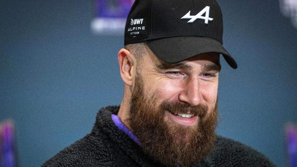 Kansas City Chiefs tight end Travis Kelce smiles as he answers questions during the media availability at the team hotel in Henderson, Nev., on Thursday, Feb. 8, 2024, ahead of Super Bowl LVII on Sunday.