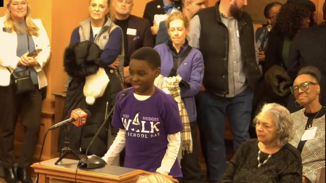 Baraka Ruhumukiza, a fourth grader at Frank Rushton Elementary in Kansas City, Kansas, testifies before lawmakers on Feb. 17, 2025. Republicans on the House Education Committee rejected a bill that would have permanently designated Nov. 14 Ruby Bridges Walk to School Day in Kansas.