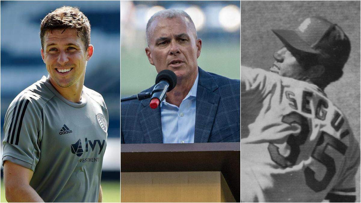 Inductees in the 2026 Kansas Sports Hall of Fame class include (left to right) Sporting KC great Matt Besler, former Royals general manager Dayton Moore and Kansas City Athletics pitcher Diego Segui.