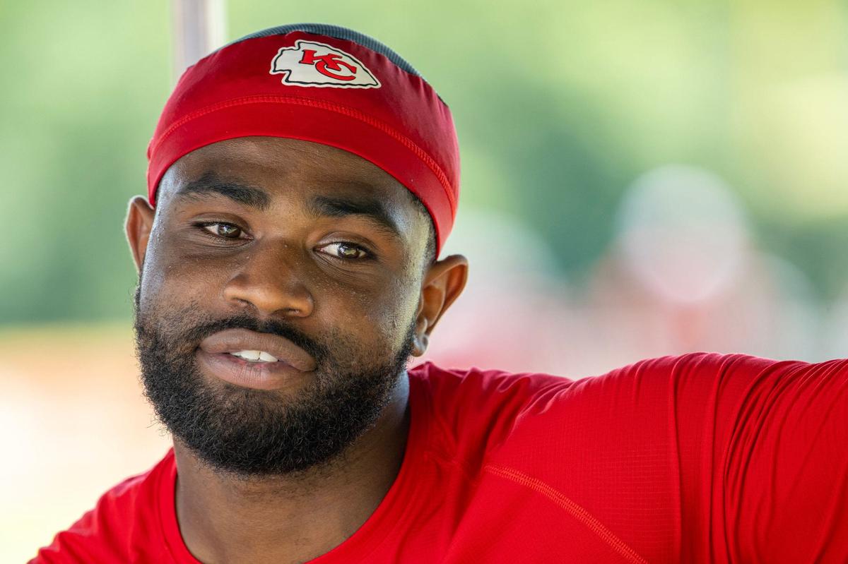 Chiefs running back Clyde Edwards-Helaire talks about dealing with PTSD while meeting with the media after practice at training camp at Missouri Western State University on Thursday, Aug. 1, 2024, in St. Joseph.