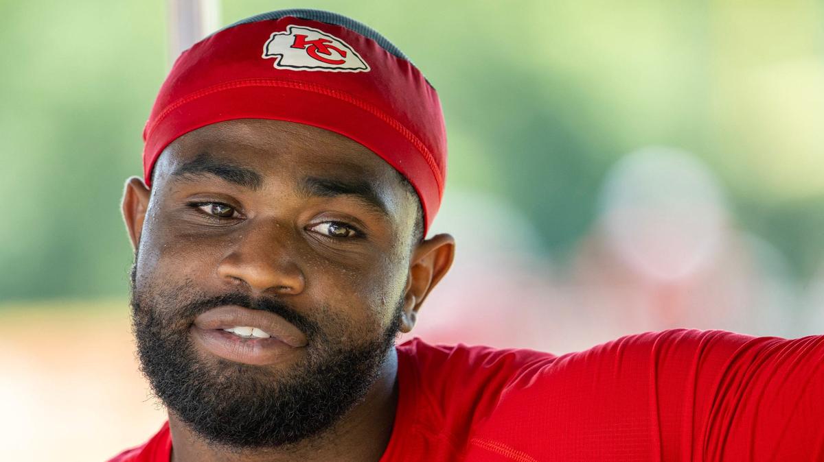 Chiefs running back Clyde Edwards-Helaire talks about dealing with PTSD while meeting with the media after training camp practice at Missouri Western State University on Thursday, Aug. 1, 2024, in St. Joseph.