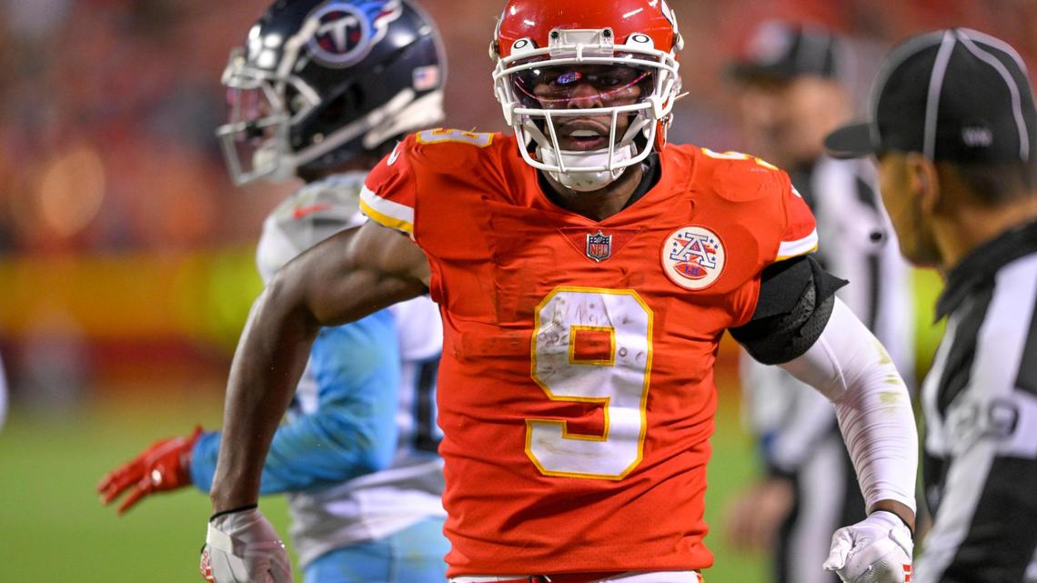 Kansas City Chiefs wide receiver JuJu Smith-Schuster (9) celebrates after a first down late in the second half against on Sunday, Nov. 6, 2022, at Arrowhead Stadium in Kansas City.