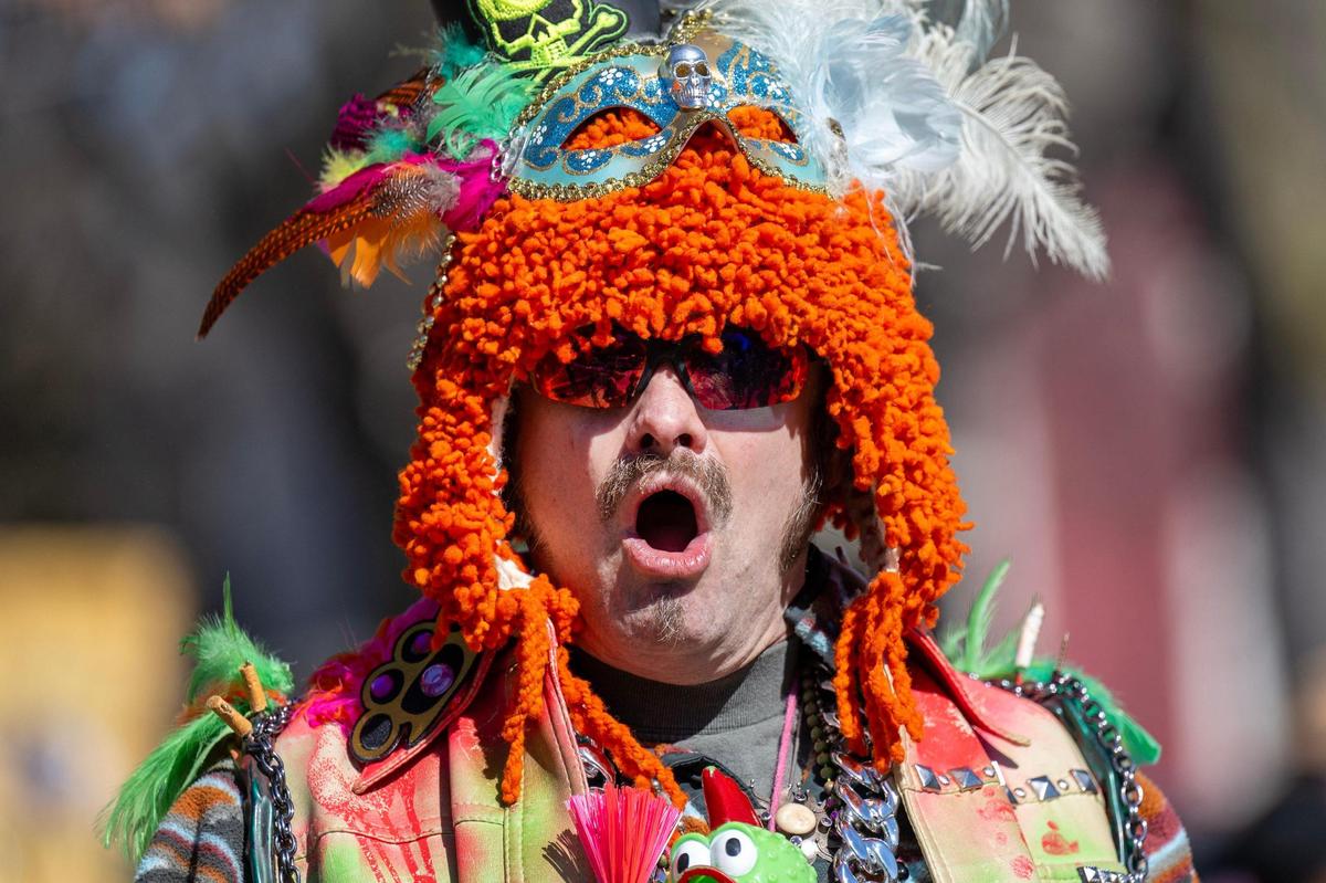 Ken Delaney, a member of the DL Crew, participates in the Krewe de Prank parade on Sunday, March 2, 2025, in Kansas City.