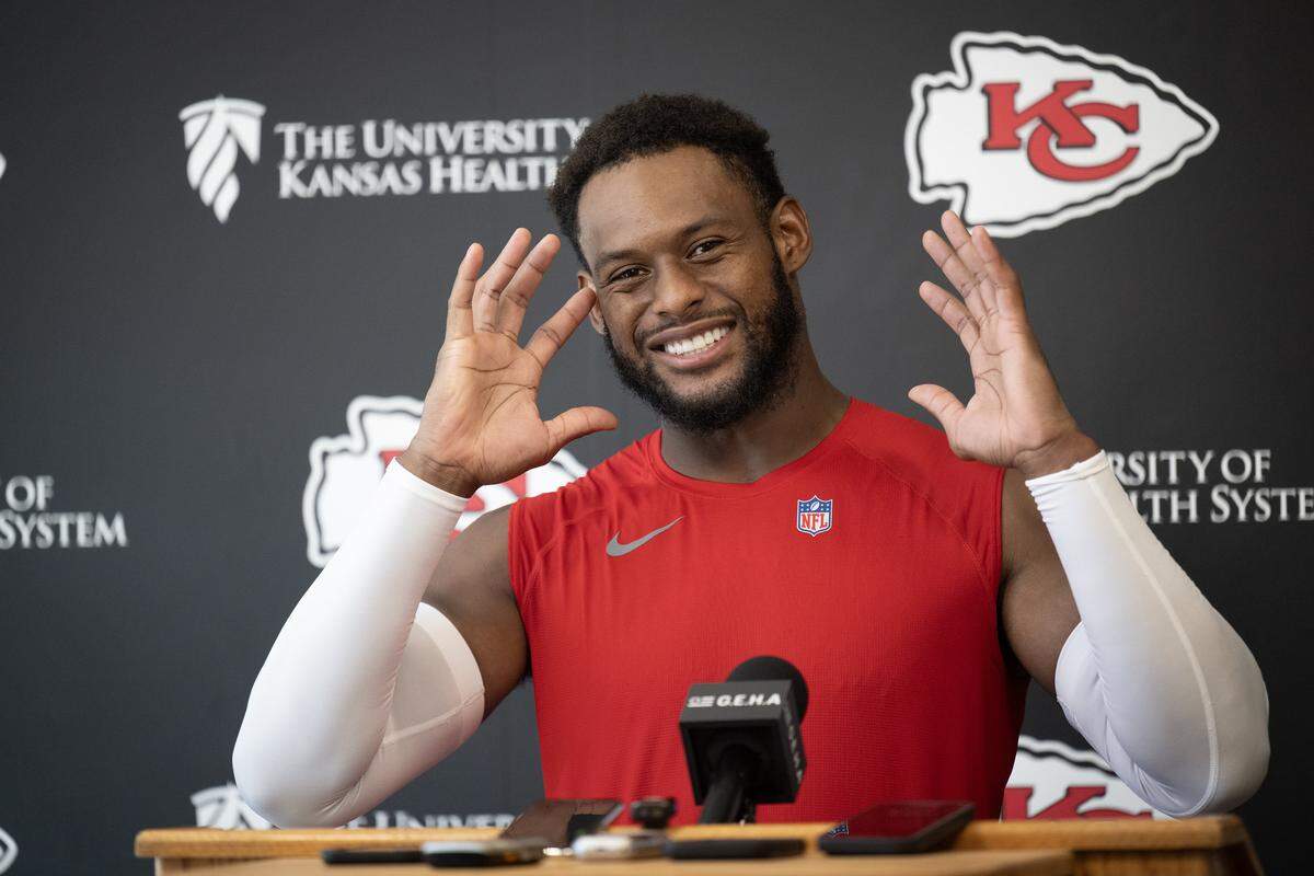 Kansas City Chiefs wide receiver JuJu Smith-Schuster (9) smiles as he talks to the media after practice at team's training facility on Wednesday, August 20, 2025. in Kansas City