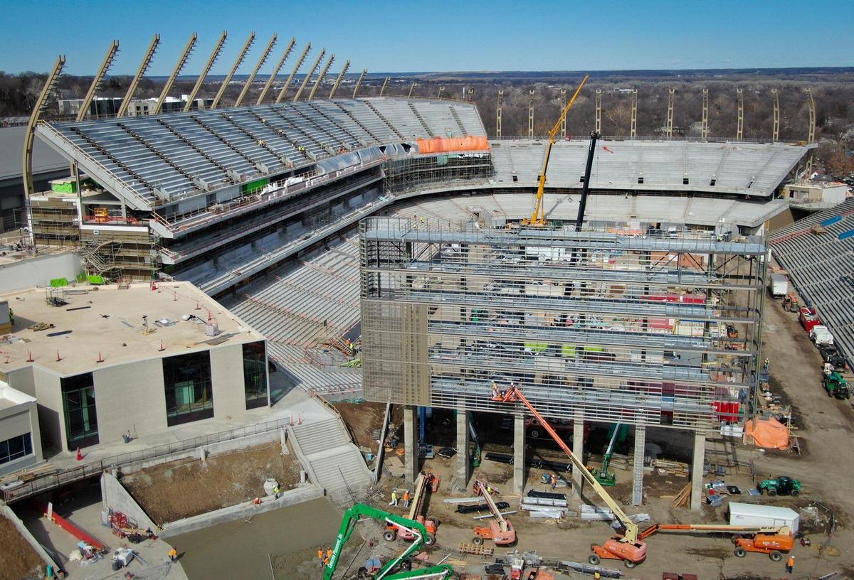 New elevated stands can be seen on the west side of the stadium in this view from the south.