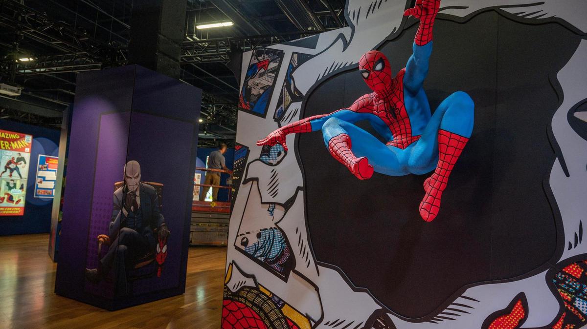 A Spider-Man figure is seen on display during the “Spider-Man: Beyond Amazing” exhibit set up Monday at Union Station.