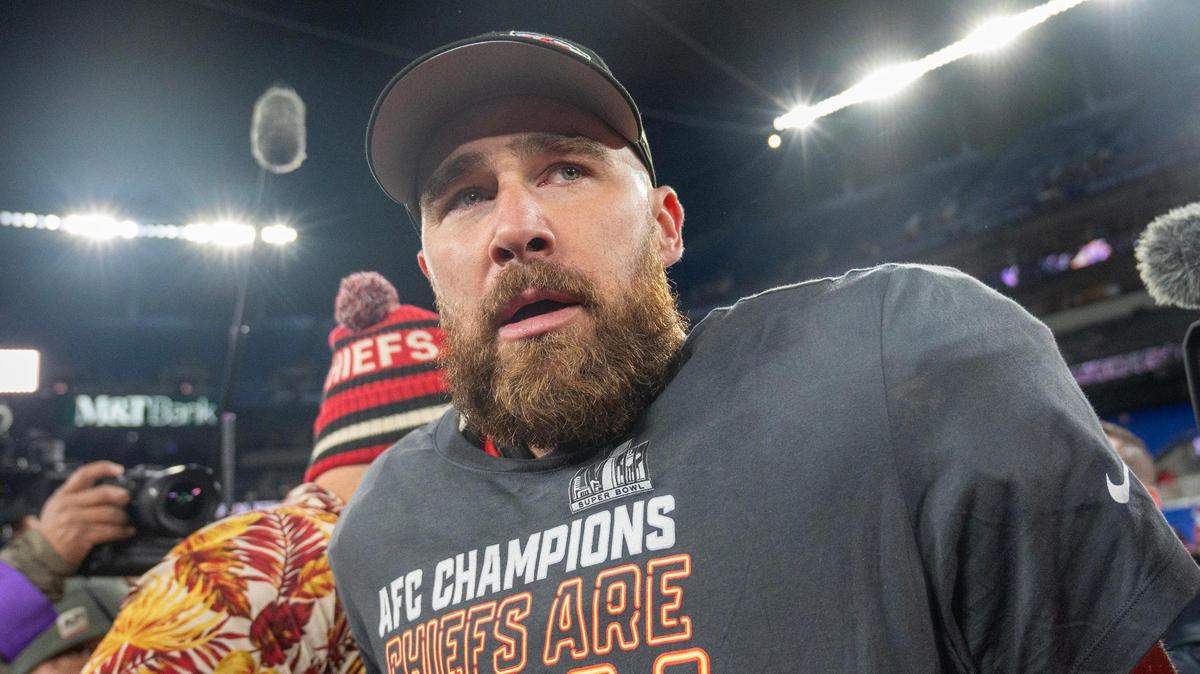 Kansas City Chiefs tight end Travis Kelce (87) becomes emotional after hugging his brother Jason Kelce after defeating the Baltimore Ravens 17-10 in the AFC Championship Game at M&T Bank Stadium on Sunday, Jan. 28, 2024, in Baltimore.