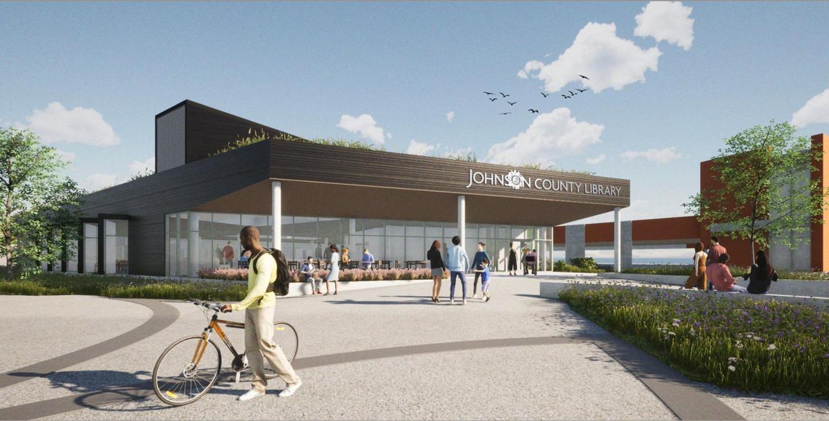 A rendering shows the planned exterior of the Merriam Plaza Library, designed by Kansas City-based Dake Wells Architecture. Titan Built of Lenexa is the general contractor.