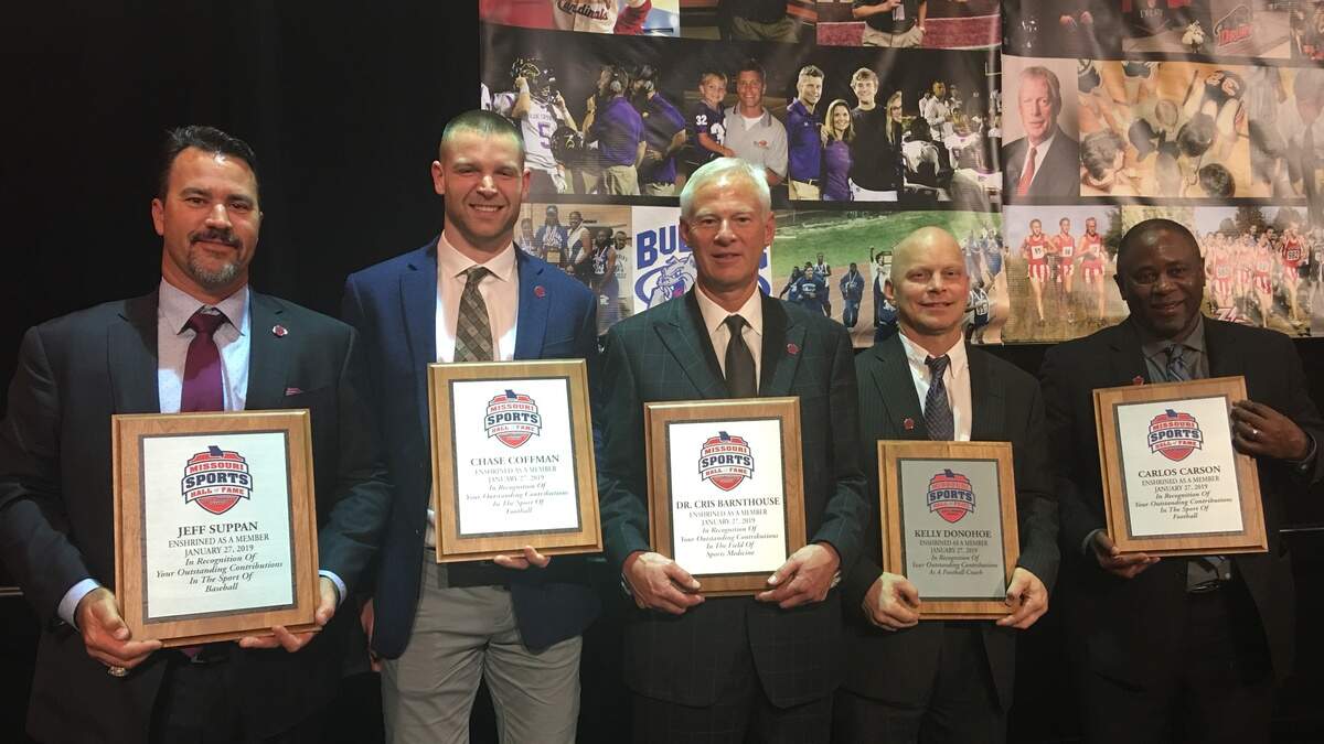 The 2019 Missouri Sports Hall of Fame inductees include Jeff Suppan (from left), Chase Coffman, Dr. Cris Barnthouse, Kelly Donohoe and Carlos Carson.