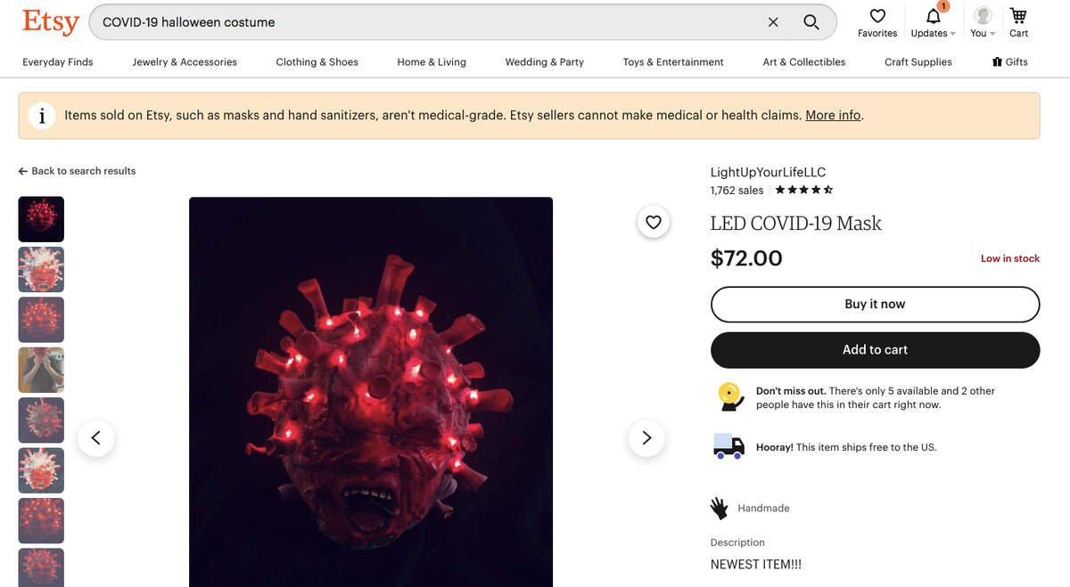 Cole Cordle of Shawnee is selling a handmade COVID-19 mask for $72 on her Light Up Your Life page on Etsy. She makes and designs LED products&nbsp;— including toys, clothing, jewelry&nbsp;— and her COVID mask, made of rubbery latex material, has red LED lights with an on/off switch.