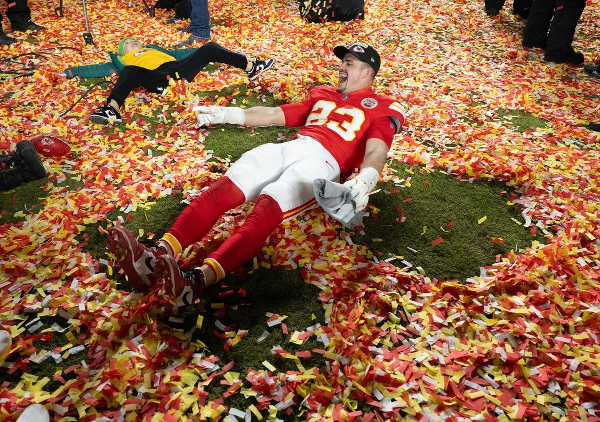 Kansas City Chiefs linebacker Drue Tranquill (23) celebrates the teams’ 32-29 win over the Buffalo Bills to claim the AFC Championship on Sunday, Jan. 26, 2025, at GEHA Field at Arrowhead Stadium.