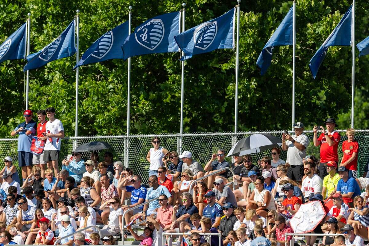 Fans watch Englands national team practice on Victory Field at Swope Soccer Village, Saturday, June 13, 2026, in Kansas City. The team will call Prairie Village home during the World Cup.