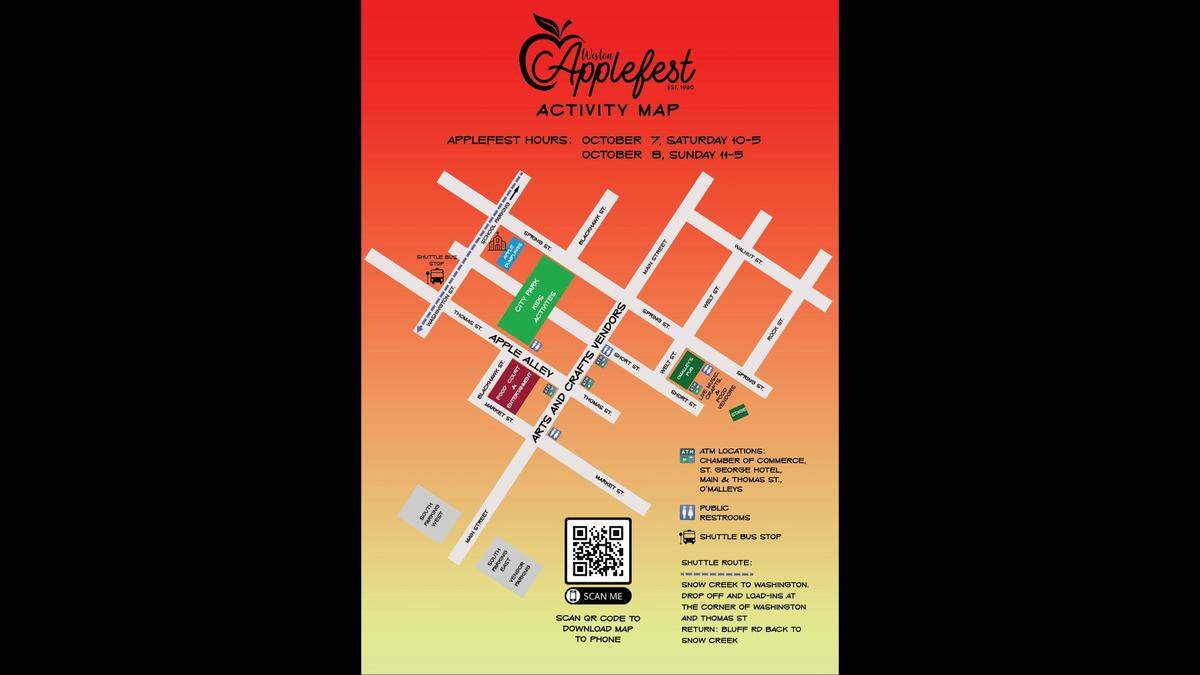 A map shows the features of Weston’s 2023 Applefest. The festival is located near downtown Weston and the Weston City Park.