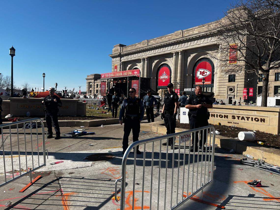 Kansas City police are seen at Union Station, where a shooting broke out during the Chiefs’ Super Bowl victory rally.