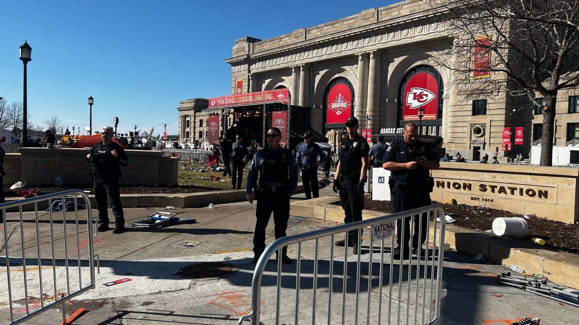 Kansas City police are seen at Union Station, where a shooting broke out during the Chiefs Super Bowl victory rally. 