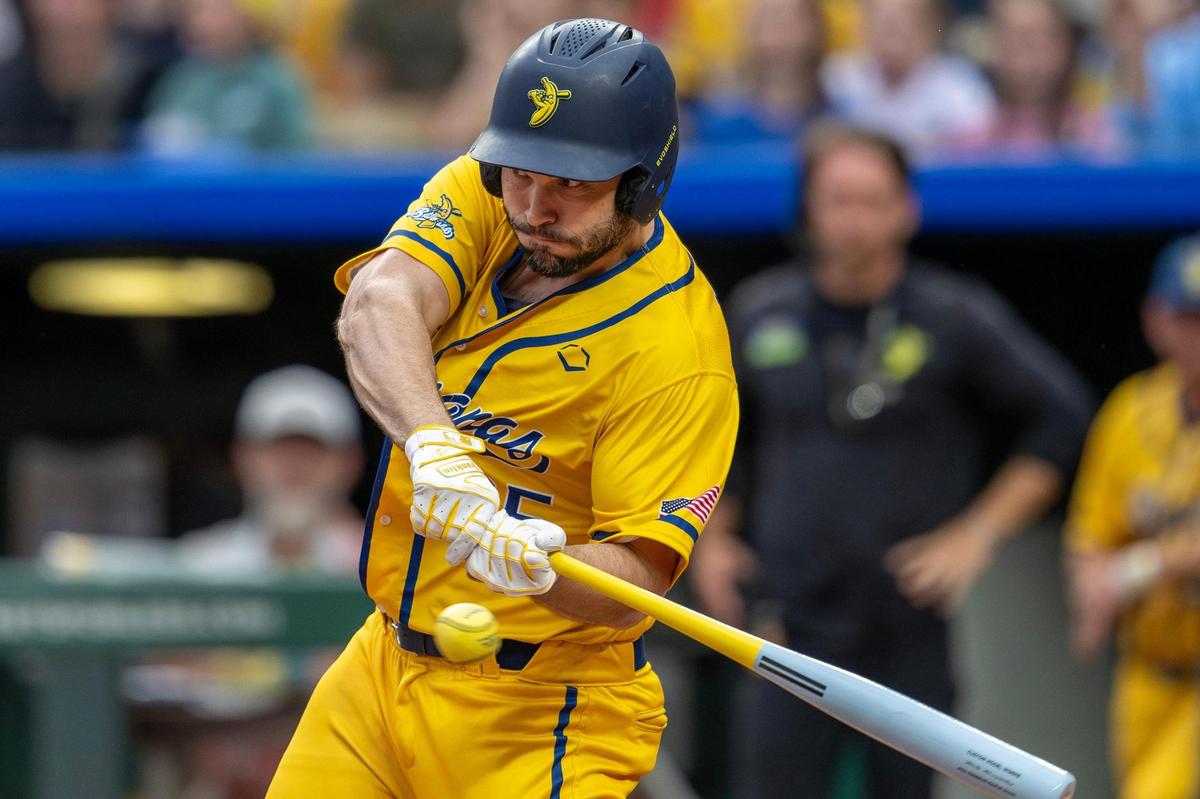 Former Kansas City Royals first baseman Eric Hosmer bats in the third inning during a Banana Ball game between the Savannah Bananas and the Firefighters at Kauffman Stadium on Friday.