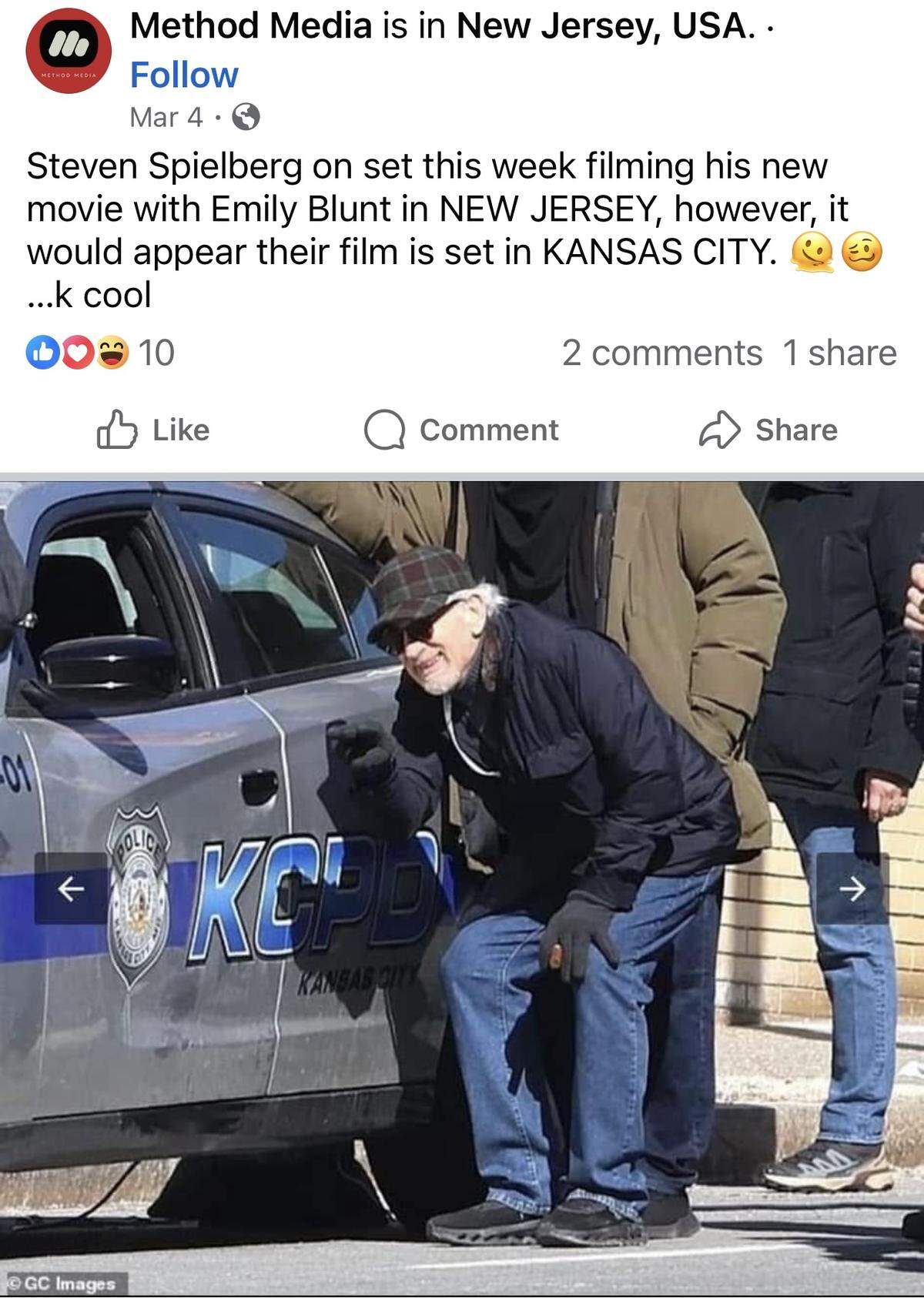 Why is Steven Spielberg with a KCPD vehicle?