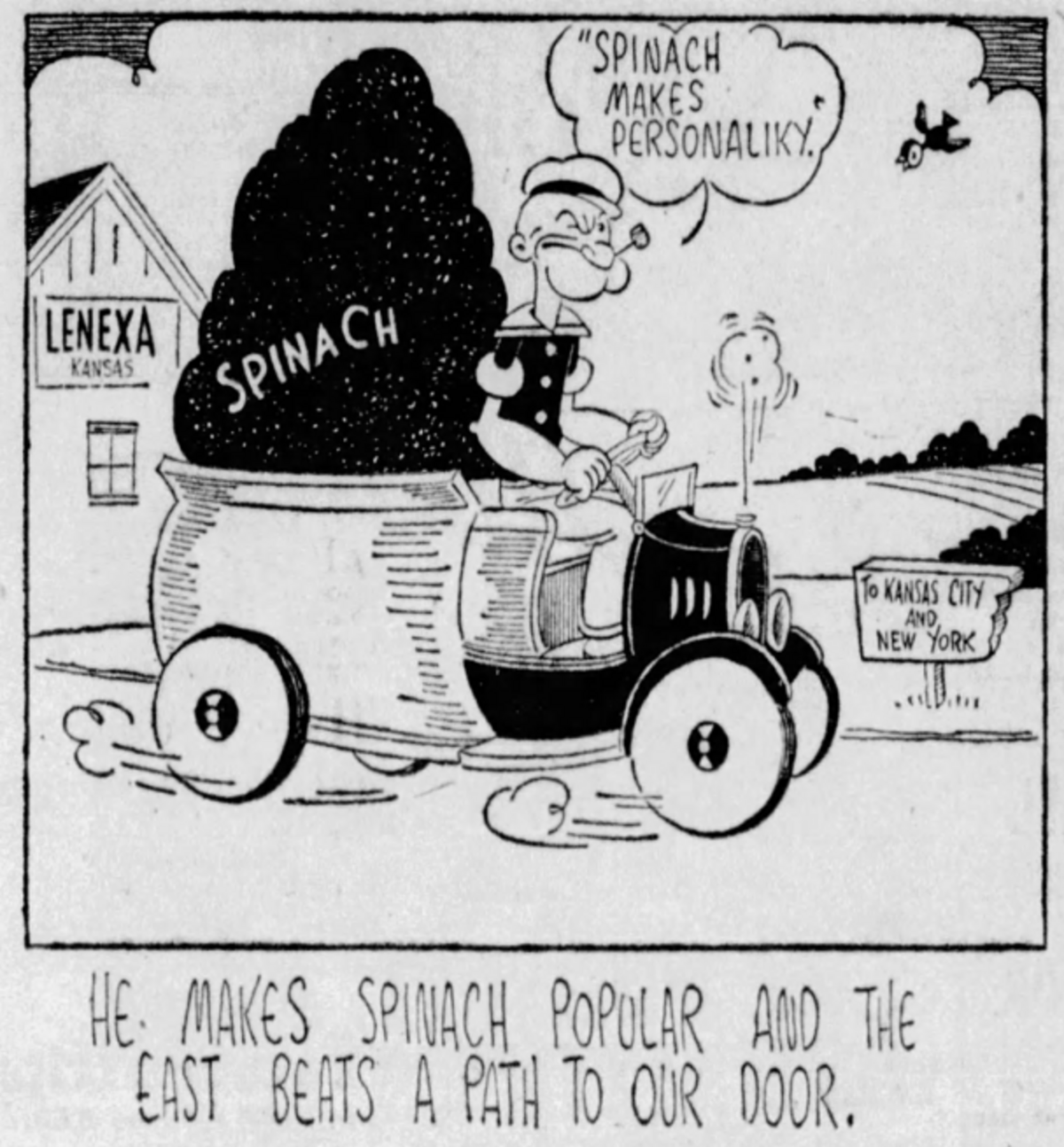 A 1934 cartoon ran in The Kansas City Star shows Popeye delivering Lenexa Spinach.