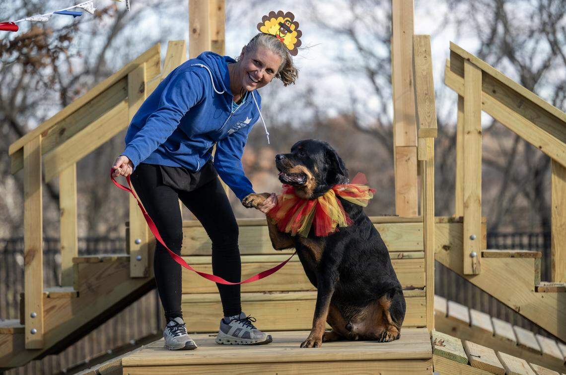 After the leash-cutting ceremony at KC Pet Project's new “Barks & Rec” playground, volunteer Heather Bauer accompanied Ajax, a 120-pound Rottweiler, across the play structure on Tuesday, Nov. 25, 2025. Sponsored by Westlake Ace Hardware, the playground is located at KC Pet Project's Swope Park campus-and Ajax is still searching for his forever home.